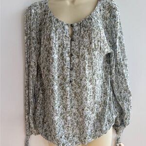 Lucky Brand Olive Floral Button-Pleat Peasant Blouse